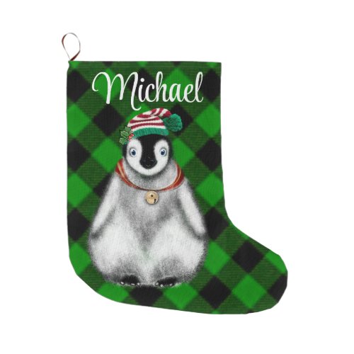 Cute festive holiday Penguin green black plaid  Large Christmas Stocking