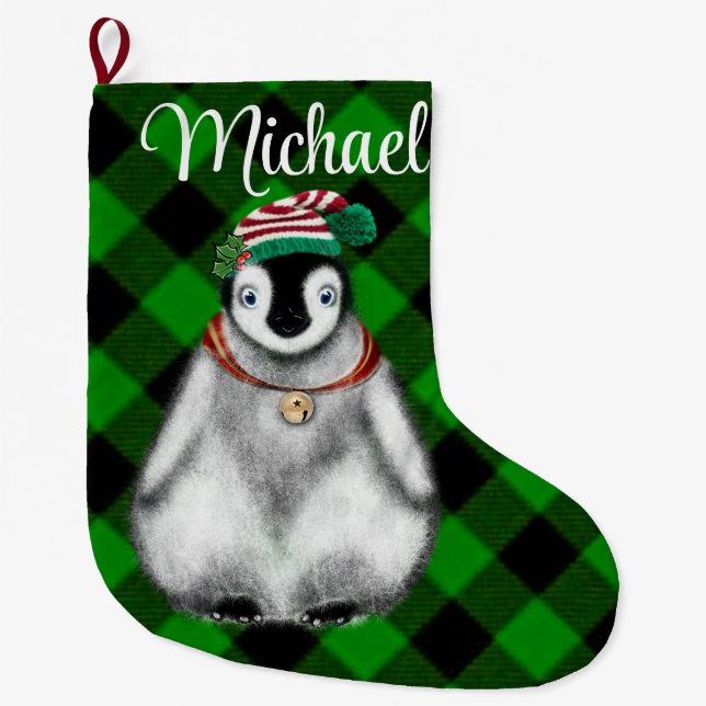 Cute festive holiday Penguin green black plaid  Large Christmas Stocking (Front)