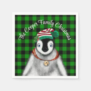 Cute festive holiday Penguin green black plaid Napkins
