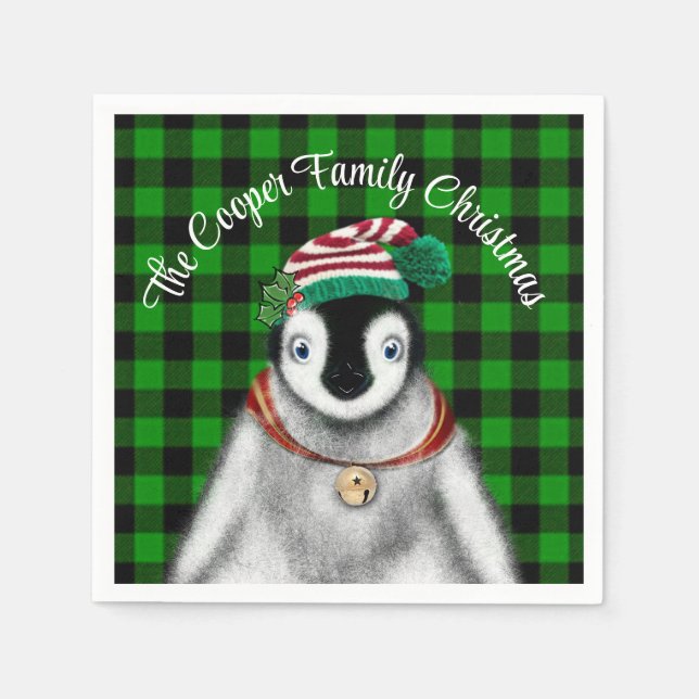 Cute festive holiday Penguin green black plaid  Napkins (Front)