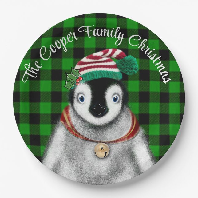 Cute festive holiday Penguin green black plaid  Paper Plates (Front)