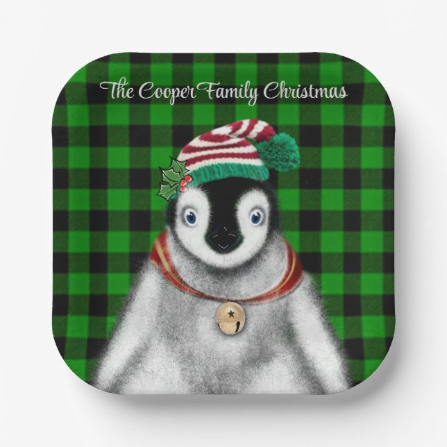 Cute festive holiday Penguin green black plaid  Paper Plates (Front)