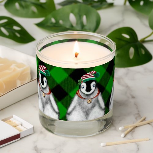 Cute festive holiday Penguin green black plaid  Scented Candle