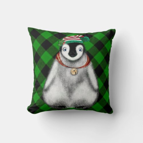 Cute festive holiday Penguin green black plaid  Throw Pillow
