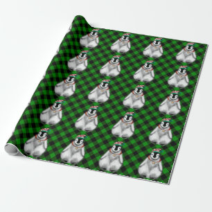 Cute festive holiday Penguin green black plaid Wrapping Paper