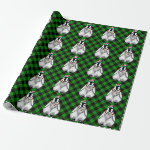 Cute festive holiday Penguin green black plaid  Wrapping Paper