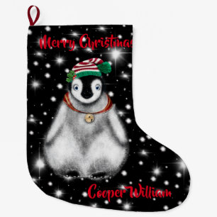Cute festive holiday Penguin Large Christmas Stocking