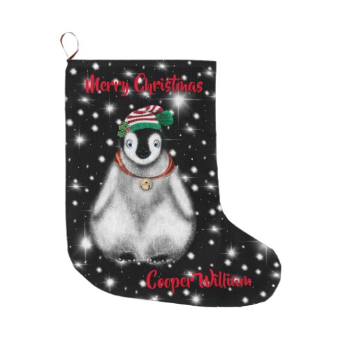 Cute festive holiday Penguin  Large Christmas Stocking
