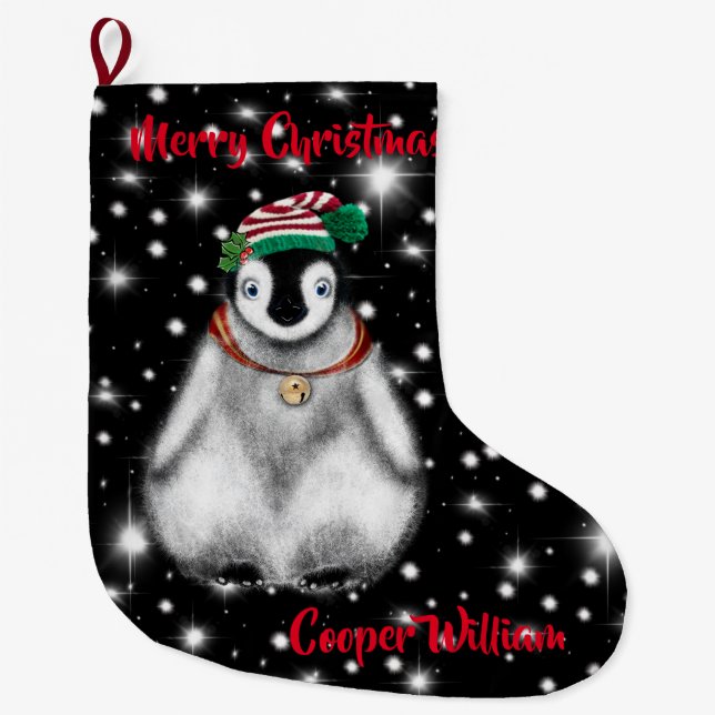 Cute festive holiday Penguin  Large Christmas Stocking (Front)