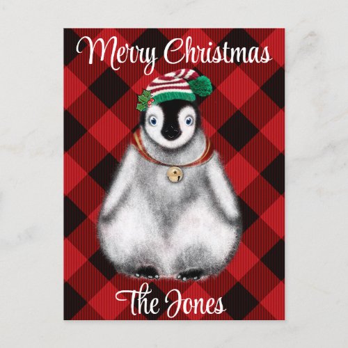 Cute festive holiday Penguin red black plaid 
