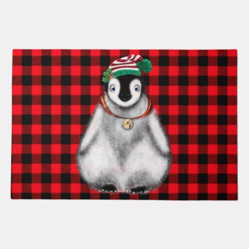 Cute festive holiday Penguin red black plaid  Doormat