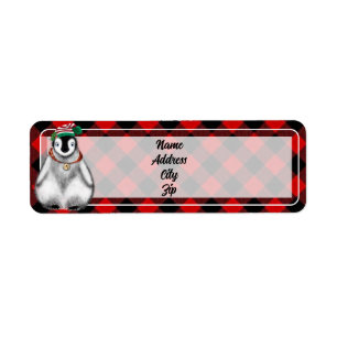 Cute festive holiday Penguin red black plaid Label