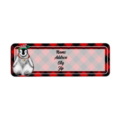 Cute festive holiday Penguin red black plaid  Label