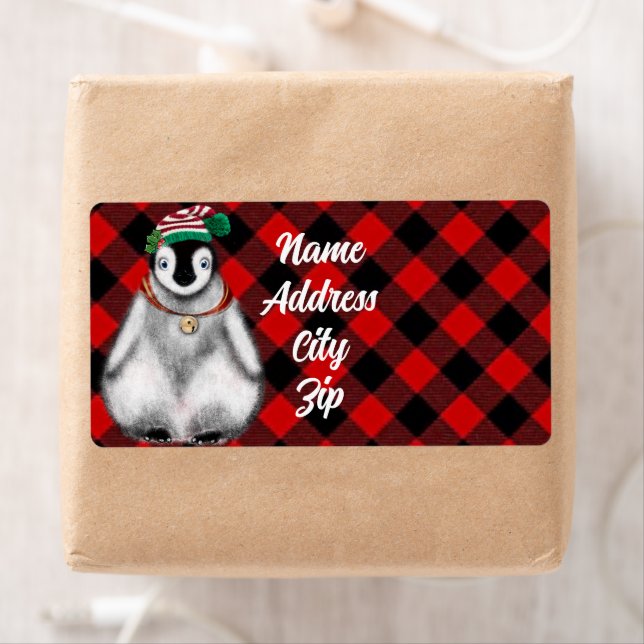 Cute festive holiday Penguin red black plaid  Label (Insitu)