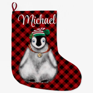 Cute festive holiday Penguin red black plaid Large Christmas Stocking