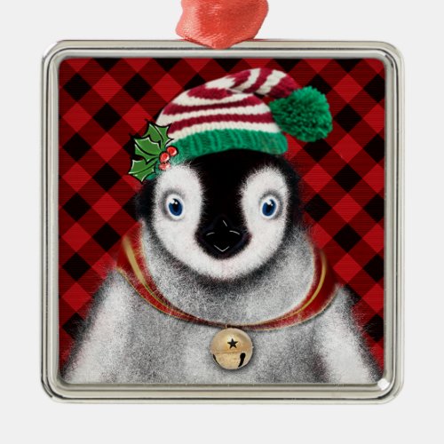 Cute festive holiday Penguin red black plaid  Metal Ornament
