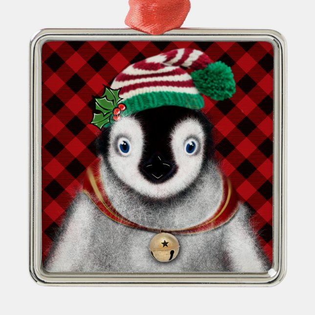 Cute festive holiday Penguin red black plaid  Metal Ornament (Front)