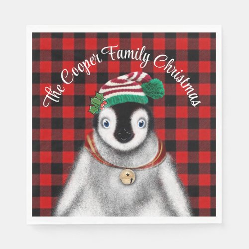 Cute festive holiday Penguin red black plaid  Napkins