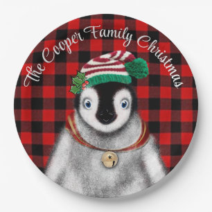 Cute festive holiday Penguin red black plaid Paper Plates