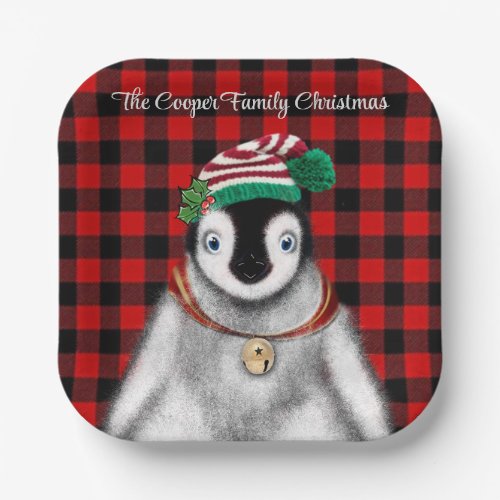 Cute festive holiday Penguin red black plaid  Paper Plates