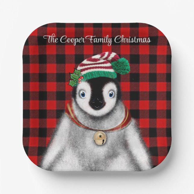 Cute festive holiday Penguin red black plaid  Paper Plates (Front)