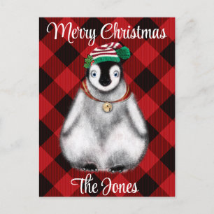 Cute festive holiday Penguin red black plaid Postcard