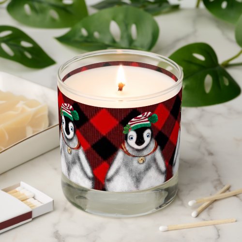 Cute festive holiday Penguin red black plaid  Scented Candle