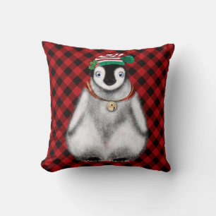 Cute festive holiday Penguin red black plaid  Throw Pillow