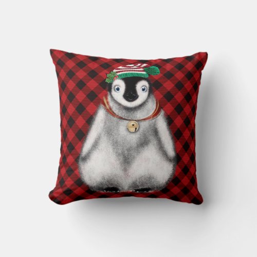 Cute festive holiday Penguin red black plaid  Throw Pillow