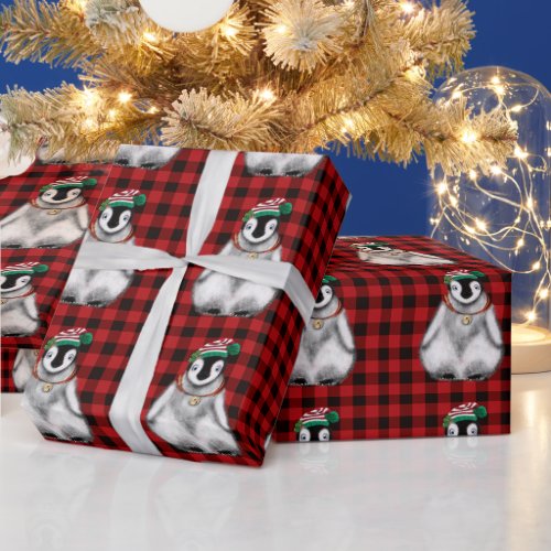 Cute festive holiday Penguin red black plaid  Wrapping Paper