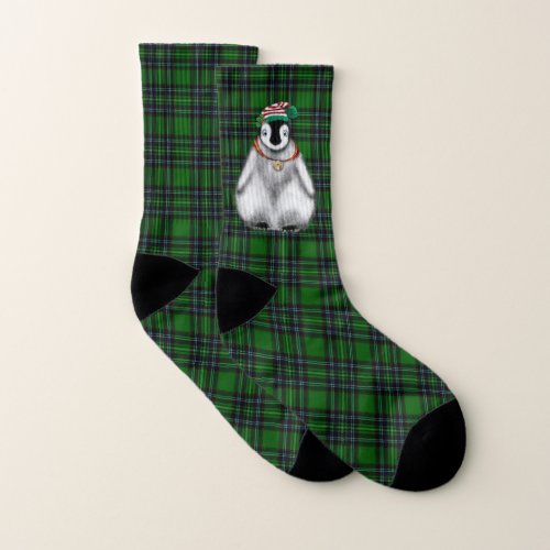 Cute Festive holiday Penguins  green plaid   Socks