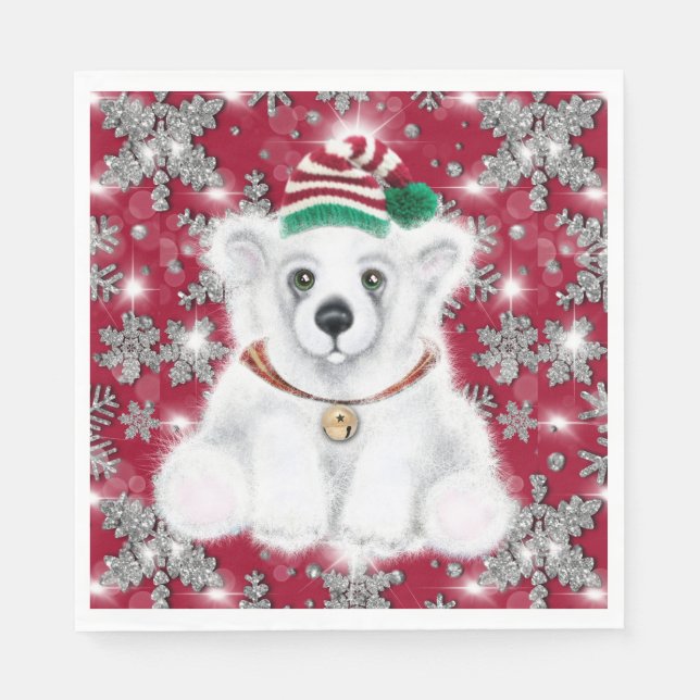Cute festive holiday Polar bear glitter snowflakes Napkins (Front)