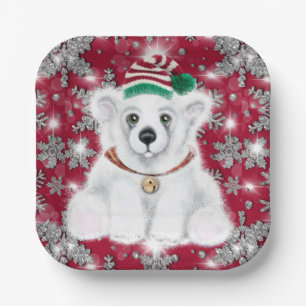 Cute festive holiday Polar bear glitter snowflakes Paper Plates