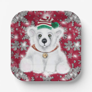 Cute festive holiday Polar bear glitter snowflakes Paper Plates