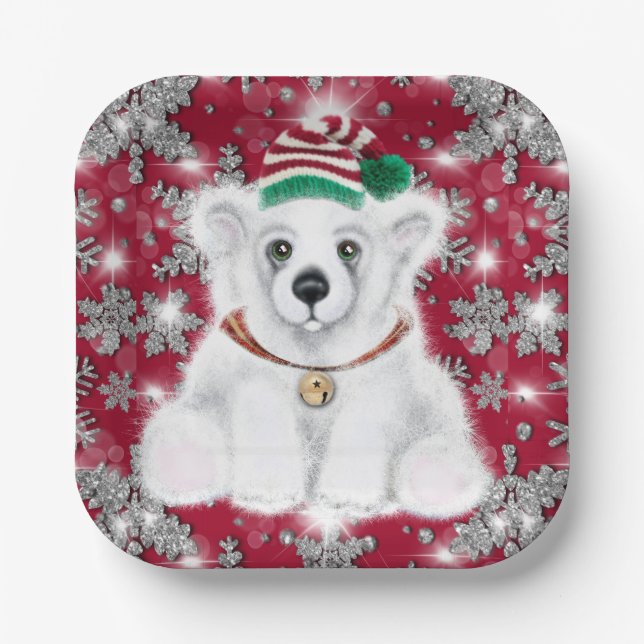 Cute festive holiday Polar bear glitter snowflakes Paper Plates (Front)