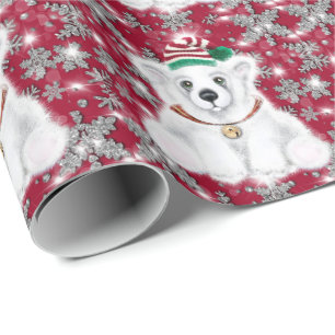 Cute festive holiday Polar bear glitter snowflakes Wrapping Paper