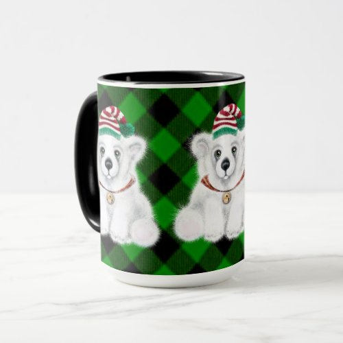 Cute festive holiday Polar bear green plaid Mug