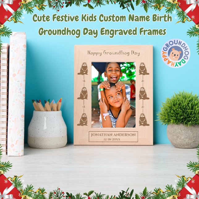 Cute Festive Kids Custom Name Birth Groundhog Day  Engraved Frames (Creator Uploaded)