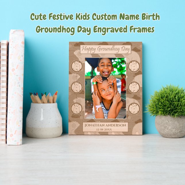 Cute Festive Kids Custom Name Birth Groundhog Day  Engraved Frames (Creator Uploaded)