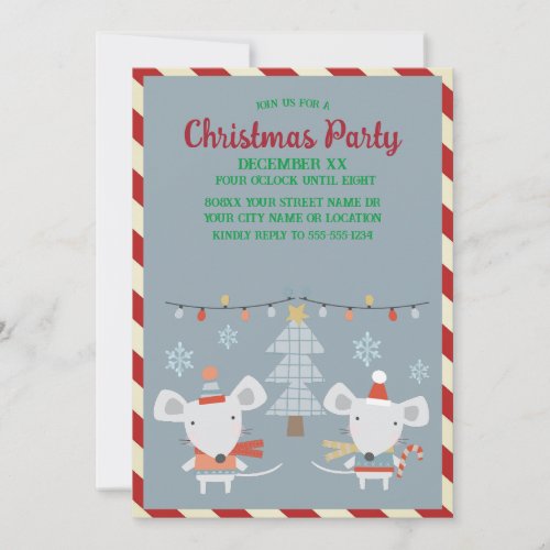 Cute Festive Mice and Tree on Blue Christmas Invitation