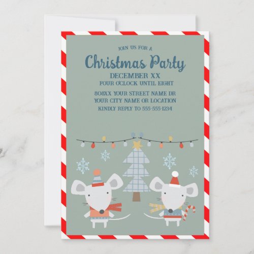 Cute Festive Mice and Tree on Green Christmas Invitation