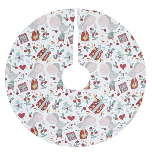 Cute Festive Mice Couple Holidays Pattern Brushed Polyester Tree Skirt (Front)