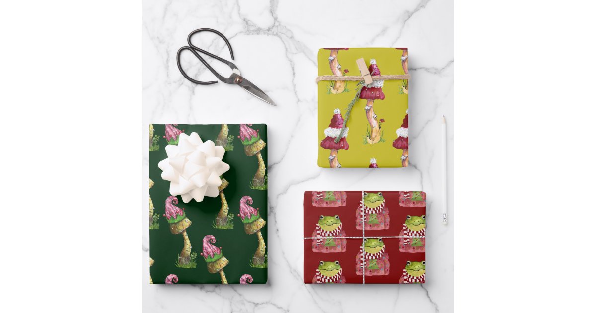 Cute Festive Mushroom and Frog Pattern Christmas Wrapping Paper Sheets
