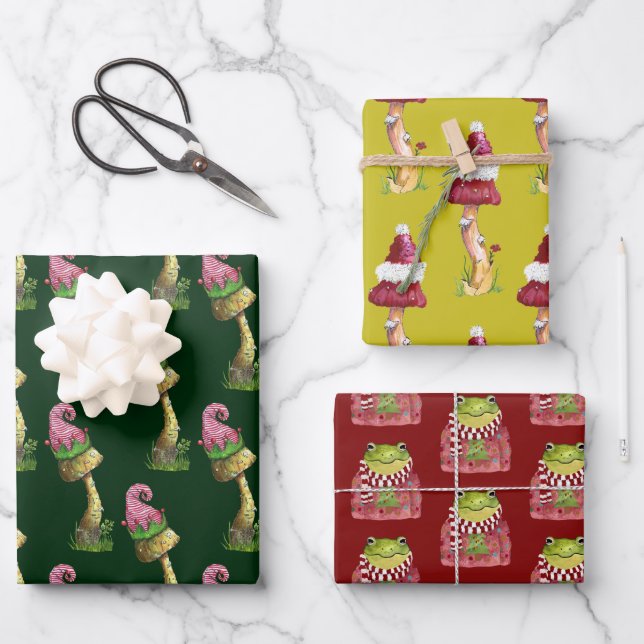 Cute Festive Mushroom and Frog Pattern Christmas Wrapping Paper Sheets (Front)