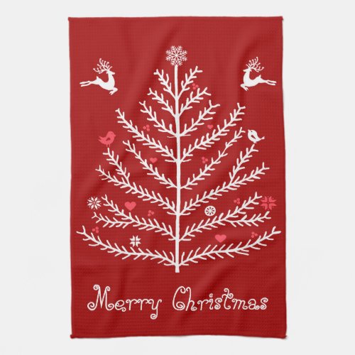 Cute Festive Nordic Christmas Tree Deer Red  Kitchen Towel