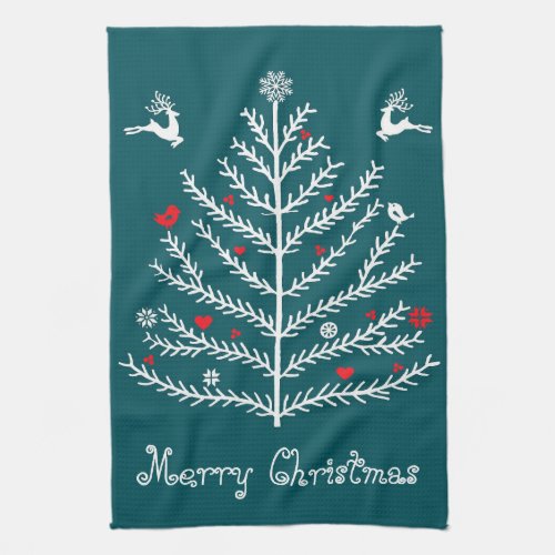 Cute Festive Nordic Teal Christmas Tree Deer  Kitchen Towel