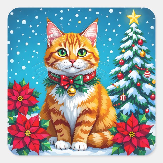 Cute Festive Orange Cat Christmas Square Sticker (Front)