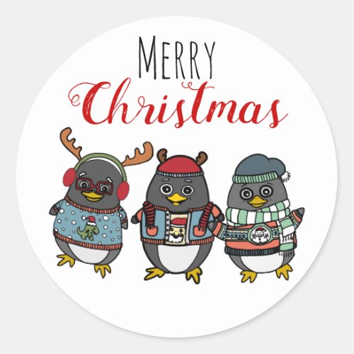 Cute Festive Penguin Cartoon  Merry Christmas Classic Round Sticker