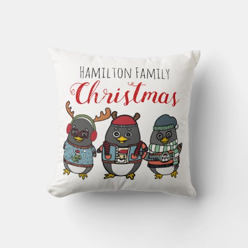 Cute Festive Penguins  Custom Family Christmas Throw Pillow