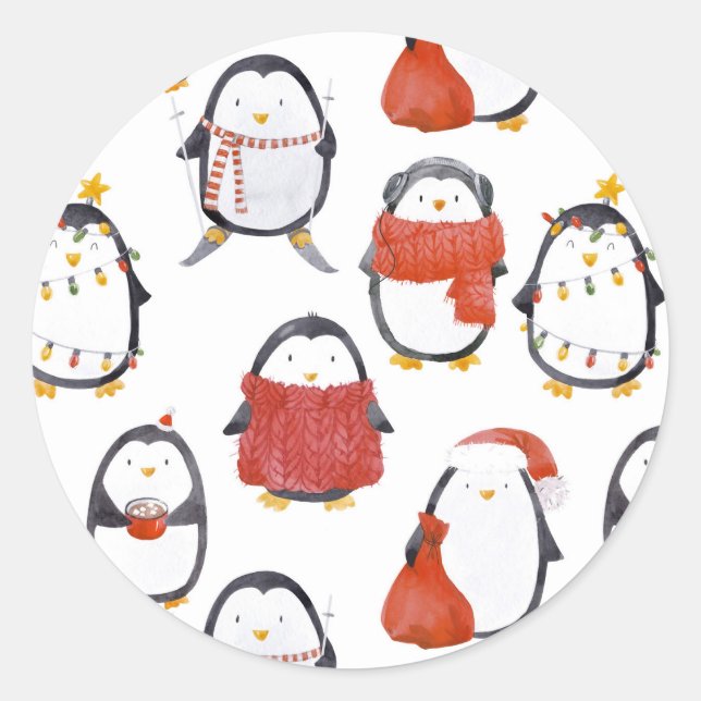 Cute Festive Penguins Pattern Christmas Classic Round Sticker (Front)